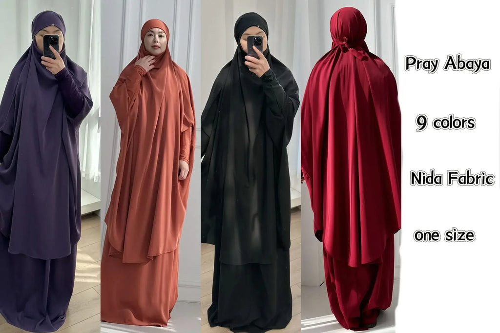 15COLMuslim Women Jilbab 2 Piece Set Solid Color Khimar +Skirt Sets Eid Modest Abaya Hijab Islam Clothing Ramadan Prayer Garment