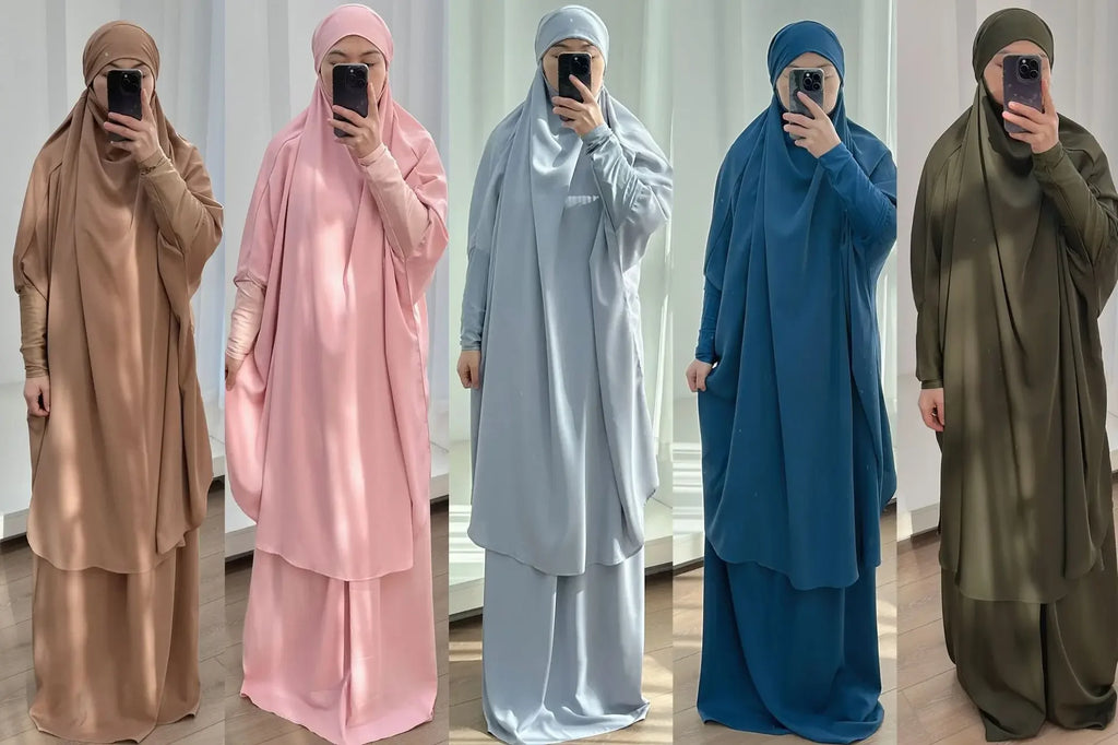 15COLMuslim Women Jilbab 2 Piece Set Solid Color Khimar +Skirt Sets Eid Modest Abaya Hijab Islam Clothing Ramadan Prayer Garment