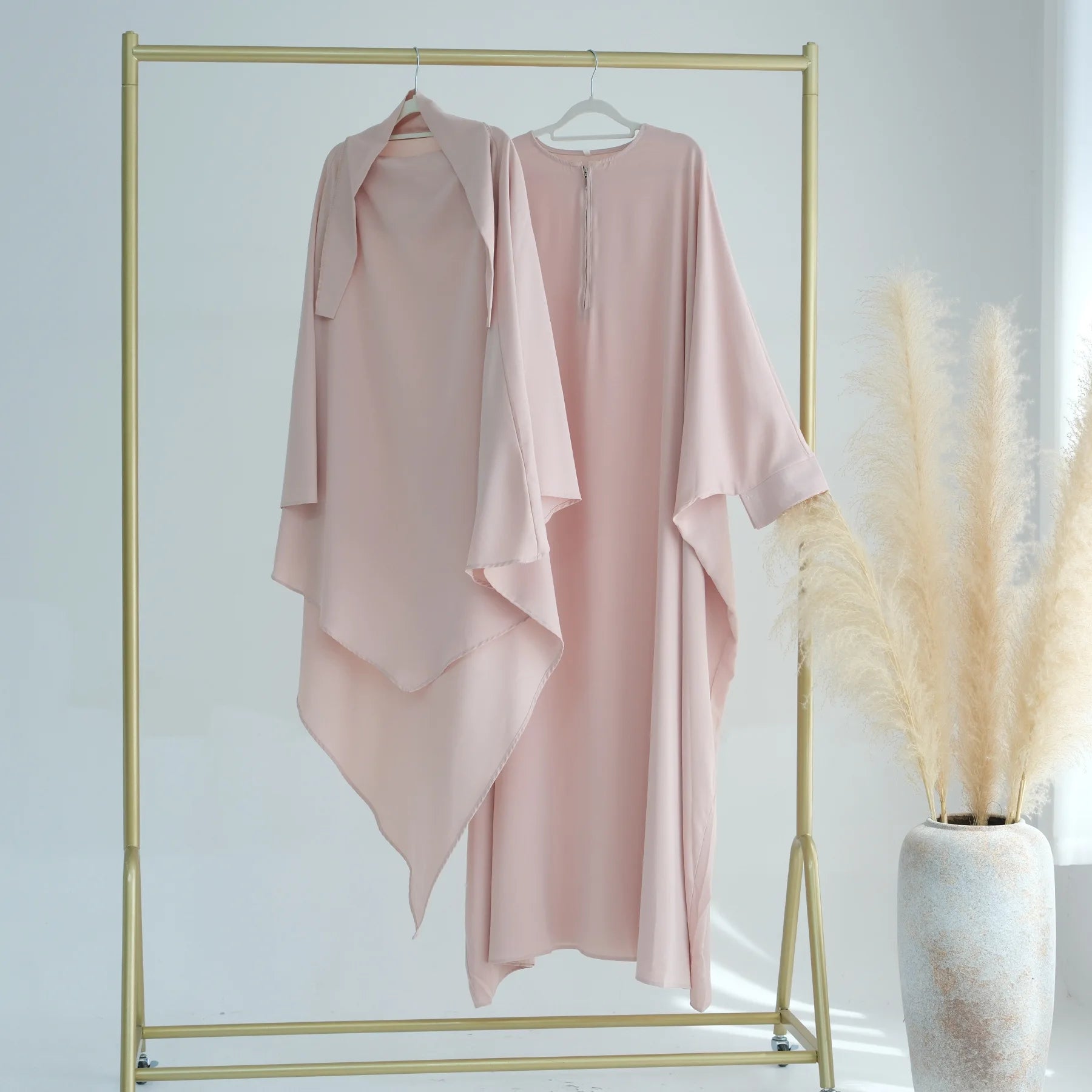 2PCS Muslim Women Prayer Dress Khimar Hijab Abaya Set Dubai Turkey Kaftan Eid Ramadan Islam Clothing Full Cover Burqa Robe Niqab