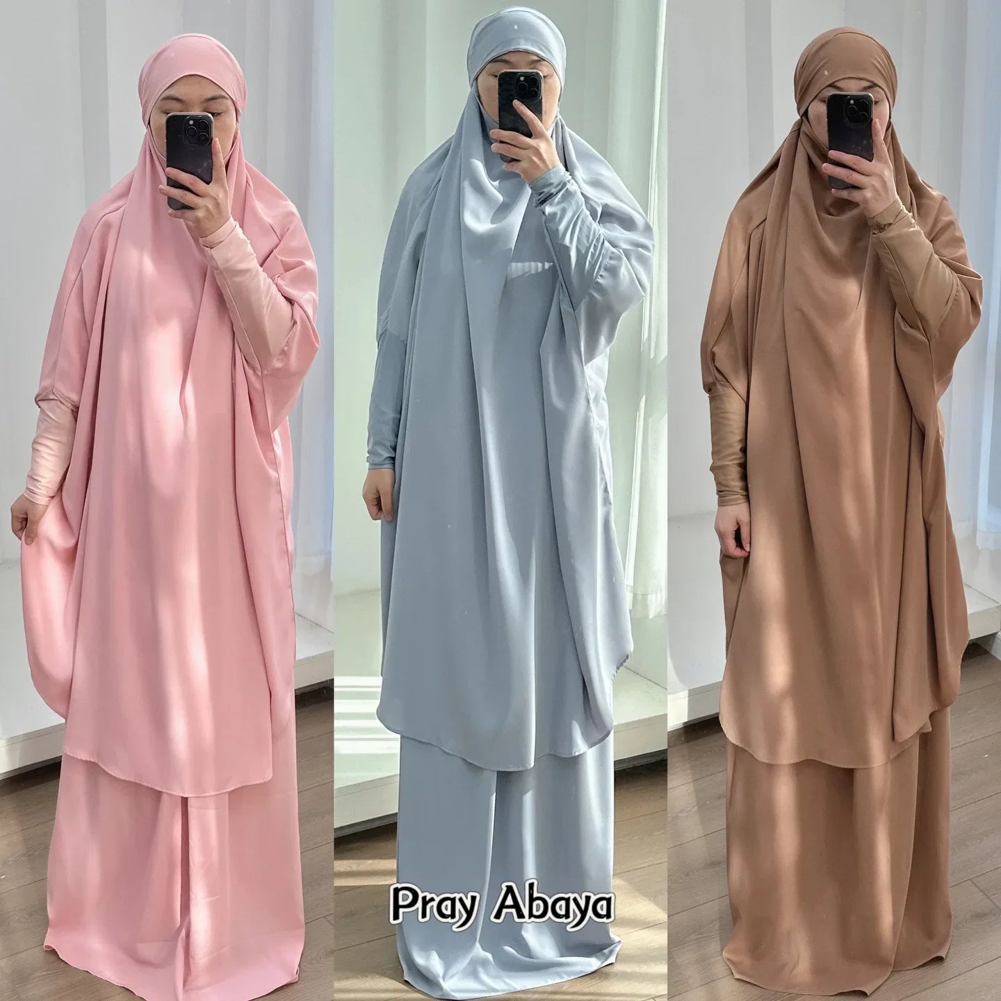 15COLMuslim Women Jilbab 2 Piece Set Solid Color Khimar +Skirt Sets Eid Modest Abaya Hijab Islam Clothing Ramadan Prayer Garment