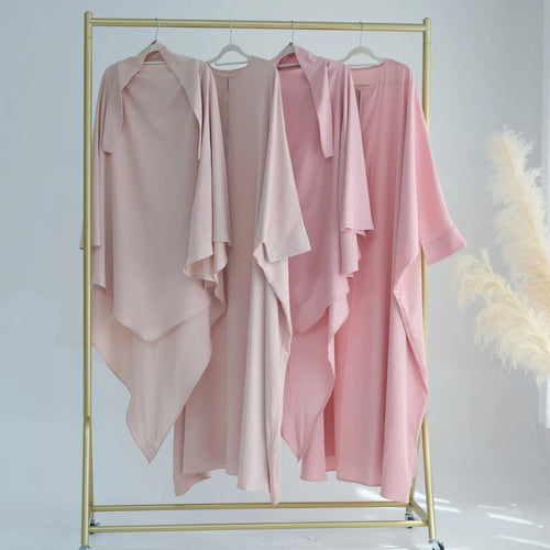 2PCS Muslim Women Prayer Dress Khimar Hijab Abaya Set Dubai Turkey Kaftan Eid Ramadan Islam Clothing Full Cover Burqa Robe Niqab