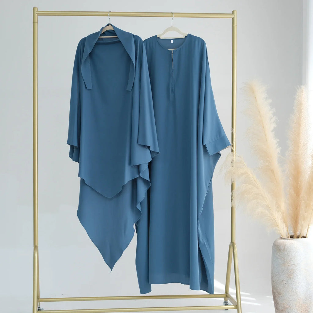 2PCS Muslim Women Prayer Dress Khimar Hijab Abaya Set Dubai Turkey Kaftan Eid Ramadan Islam Clothing Full Cover Burqa Robe Niqab