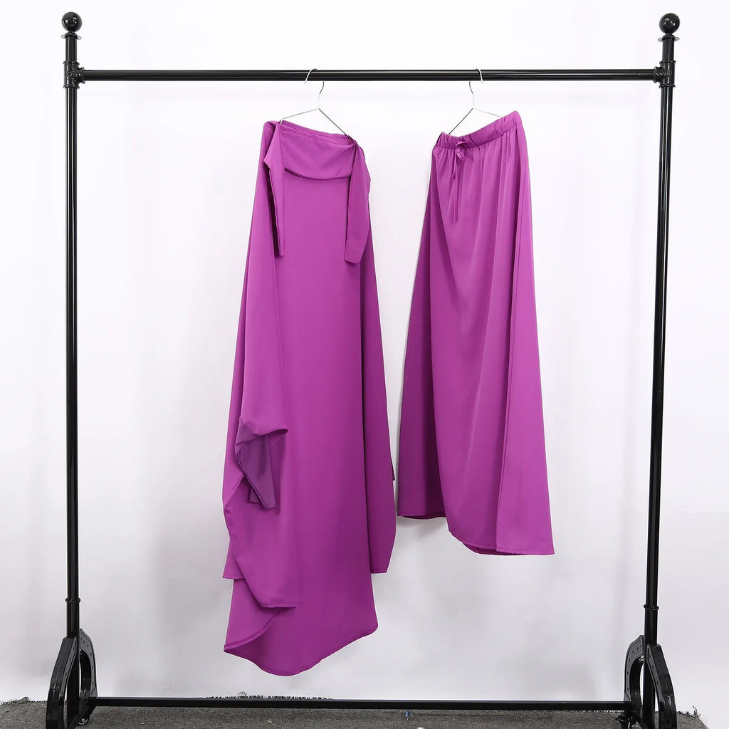 15COLMuslim Women Jilbab 2 Piece Set Solid Color Khimar +Skirt Sets Eid Modest Abaya Hijab Islam Clothing Ramadan Prayer Garment
