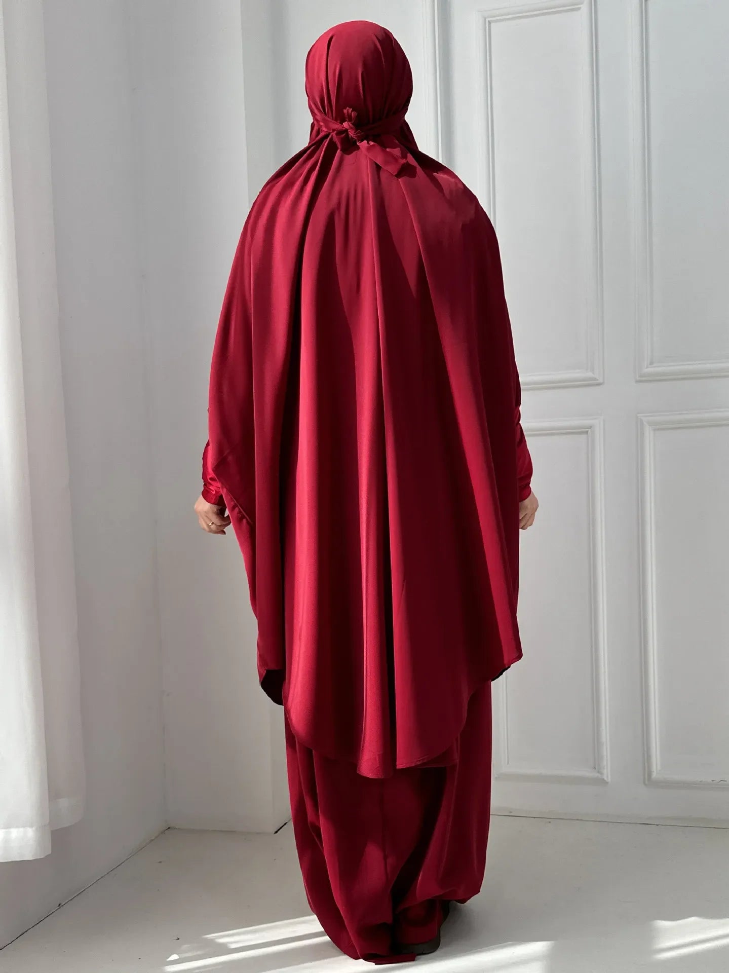 15COLMuslim Women Jilbab 2 Piece Set Solid Color Khimar +Skirt Sets Eid Modest Abaya Hijab Islam Clothing Ramadan Prayer Garment