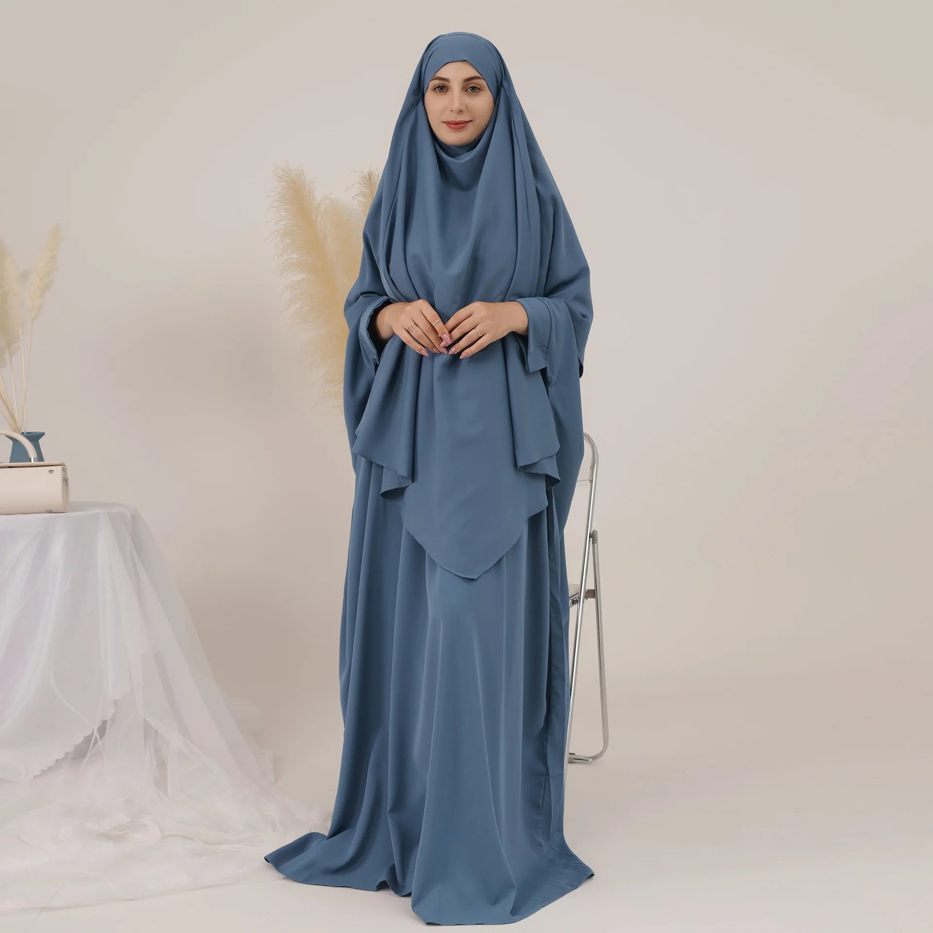 2PCS Muslim Women Prayer Dress Khimar Hijab Abaya Set Dubai Turkey Kaftan Eid Ramadan Islam Clothing Full Cover Burqa Robe Niqab