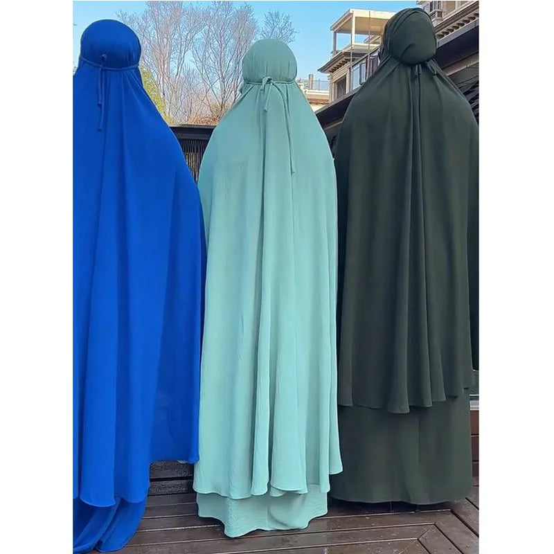 2pcs Overhead Hooded Khimar Skirt Set Women Muslim Prayer Garment Islamic Clothing Full Cover Abaya Pray Dress Burqa Robe Abayas