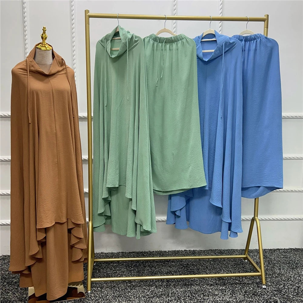 2pcs Overhead Hooded Khimar Skirt Set Women Muslim Prayer Garment Islamic Clothing Full Cover Abaya Pray Dress Burqa Robe Abayas