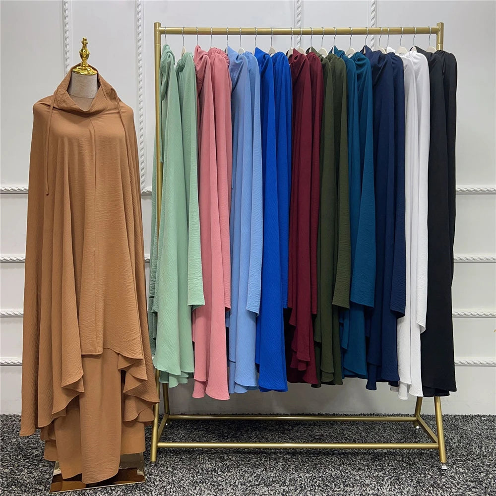2pcs Overhead Hooded Khimar Skirt Set Women Muslim Prayer Garment Islamic Clothing Full Cover Abaya Pray Dress Burqa Robe Abayas