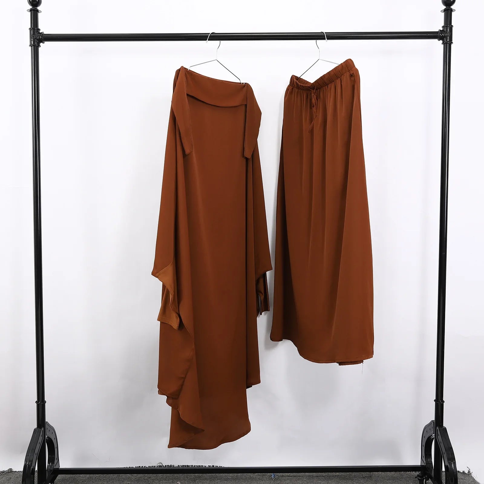 15COLMuslim Women Jilbab 2 Piece Set Solid Color Khimar +Skirt Sets Eid Modest Abaya Hijab Islam Clothing Ramadan Prayer Garment