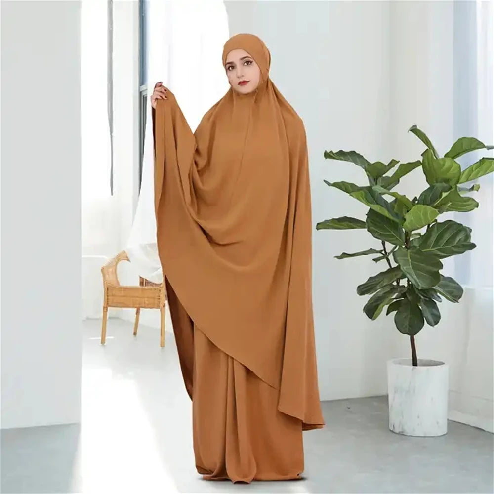 2pcs Overhead Hooded Khimar Skirt Set Women Muslim Prayer Garment Islamic Clothing Full Cover Abaya Pray Dress Burqa Robe Abayas