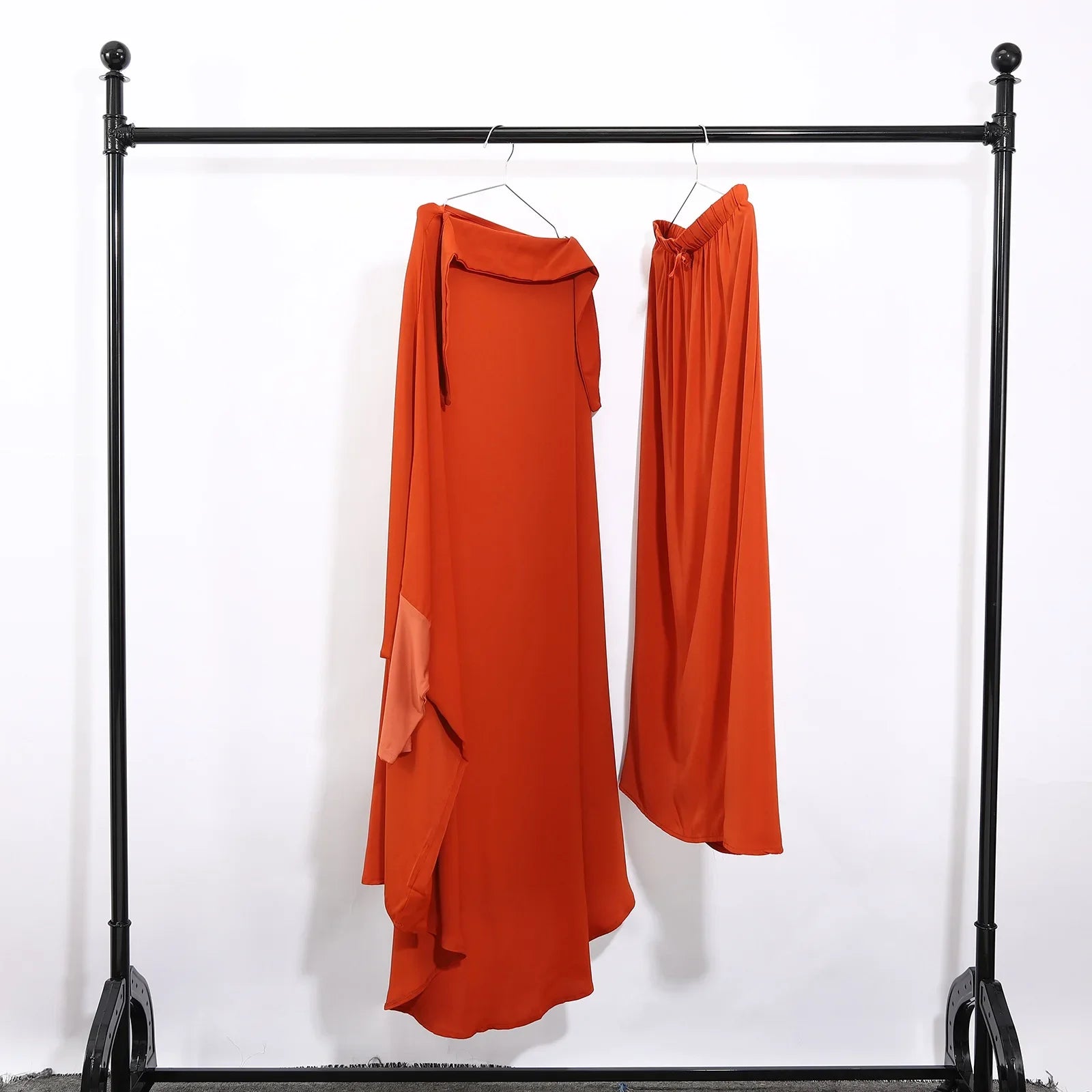 15COLMuslim Women Jilbab 2 Piece Set Solid Color Khimar +Skirt Sets Eid Modest Abaya Hijab Islam Clothing Ramadan Prayer Garment